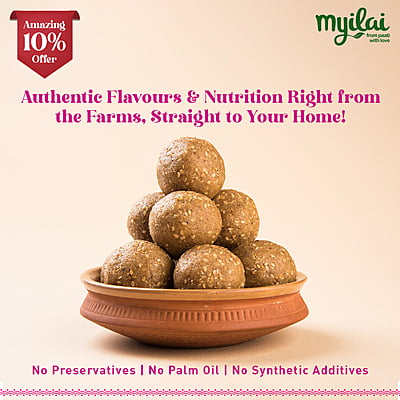 A bowl of Thinai Laddu with text: Authentic flavors, no preservatives, no palm oil, no additives. A bowl of Thinai Laddu with text: Authentic flavors, no preservatives, no palm oil, no additives.